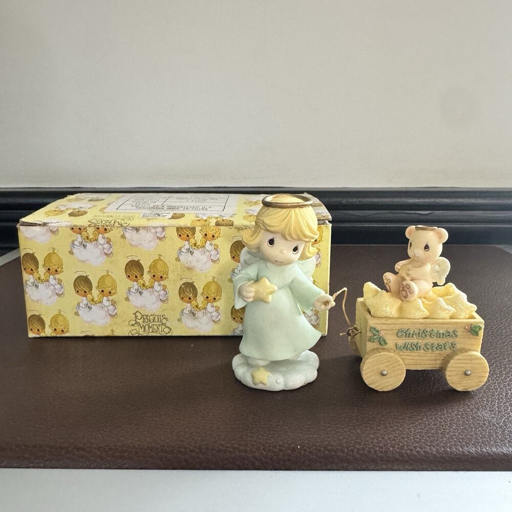 Precious Moments Angel Pulling Wagon Bear Covered Box Christmas Wish Stars 2000